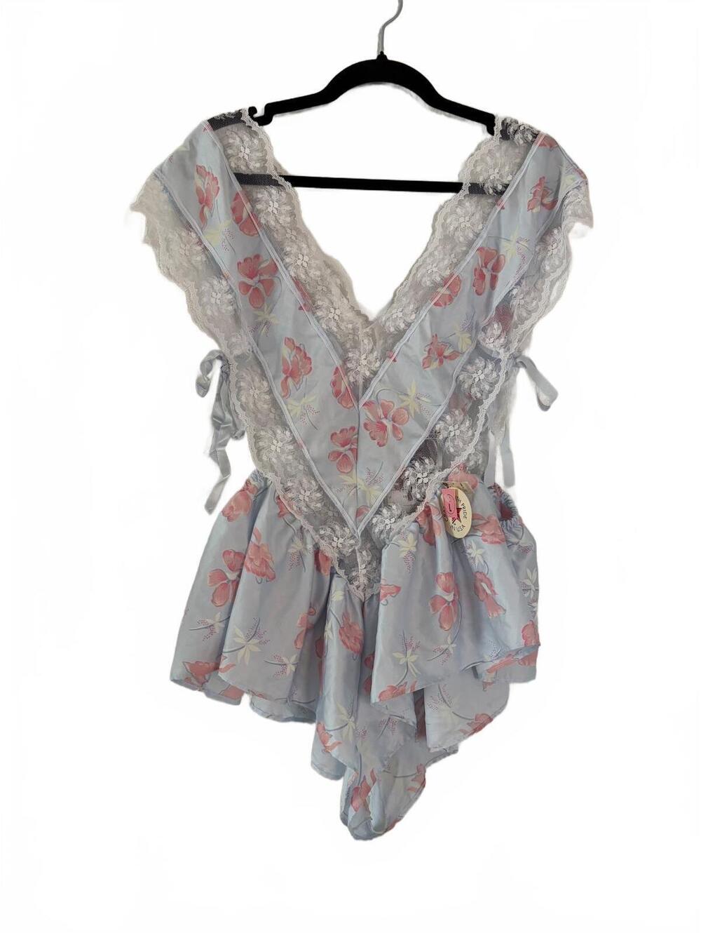 Vintage Previews U.S.A. Teddy Romper Womens Size L Blue Floral Lace Trim Vintage